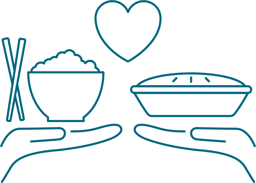 blue icon of hands carrying chopsticks and bowl and a pie with a heart in the middle