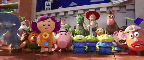 From Toy Story 4 – toys greeting camera with a hello