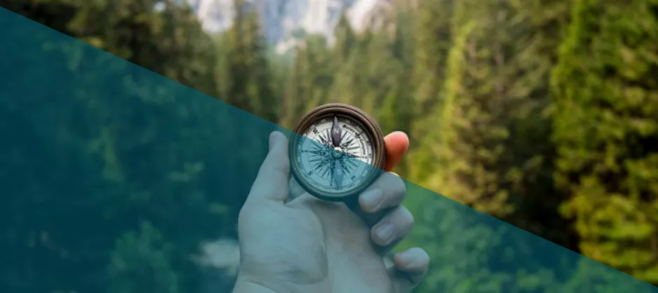 Holding a compass looking out over a forest
