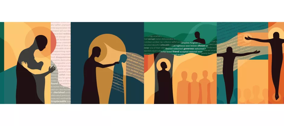 Art panels describing Bible scenes in Luke