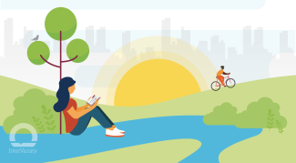 Graphic woman in foregrand sitting reading a book, with the sun rising in the middle, and background man riding a bike