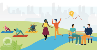 Graphic of people in a park, a couple people doing yoga, a couple walking with a kite, and another two sitting on a bench smiling and drinking coffee.