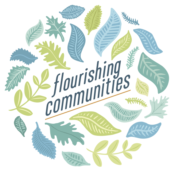 Flourishing Communities Mark with variety of green, light green, blue, and teal leaves surrounding the flourishing communities text.