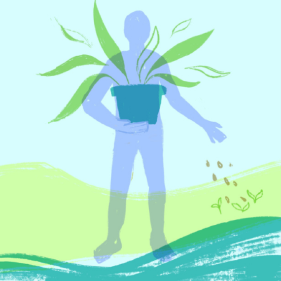 Peace with Creation depiction: outline of a human holding a plant and spreading seeds on the ground