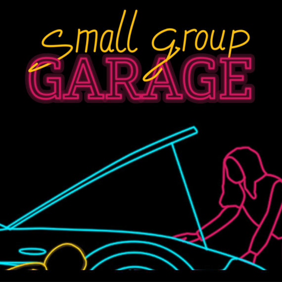 Neon sign saying "small group garage" with a outline person checking the hood of a car