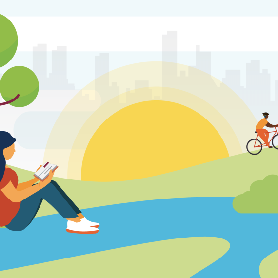 Graphic woman in foregrand sitting reading a book, with the sun rising in the middle, and background man riding a bike