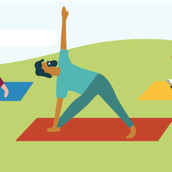 graphic of people in a lawn doing stretching and yoga - two are on a mat and one in a wheelchair