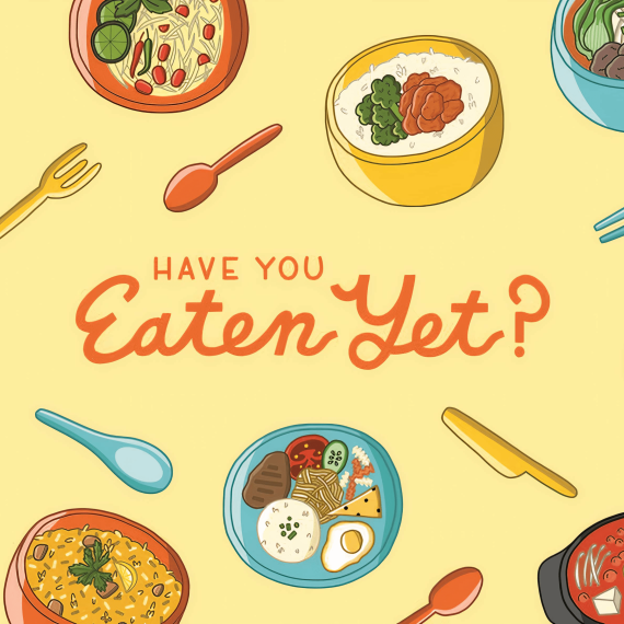 A graphic featuring sketches of delicious foods from across diverse Asian communities. 